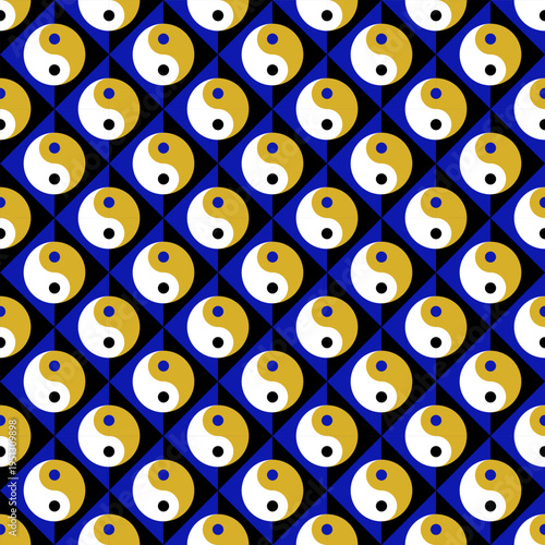 Seamless geometric pattern with yin yang symbols creating optical drift illusion. Abstract repeating background with hypnotic motion effect.