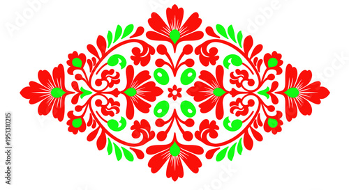 Red and Green Floral Folk Art Embroidery Pattern