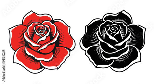 Red and Black Rose Illustrations, Classic Tattoo Style