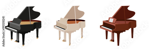 Set of beautiful musical black, white, brown grand pianos in cartoon style. Vector illustration of different grand pianos with horizontal soundboard, stand, keys, pedals isolated on white background.