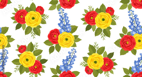 Seamless Floral Pattern: Red and Yellow Roses with Blue Delphiniums, Elegant Botanical Design