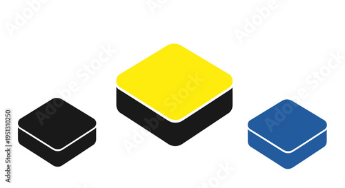 Three Isometric Cubes: Black, Yellow, and Blue