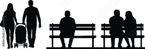 Silhouette illustration of family with baby stroller, single person sitting alone on bench, and couple enjoying conversation outdoors representing parenthood, solitude, companionship, relationships