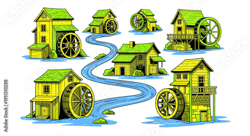 Watermills Village Scene: Traditional Architecture and Flowing River