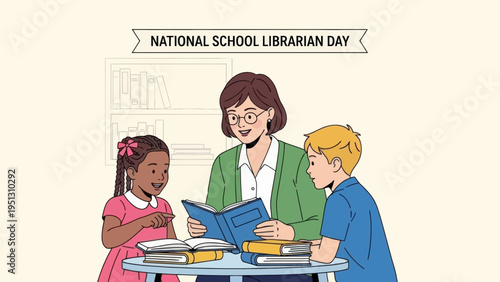 Librarian teaching children to read books on National School Librarian Day