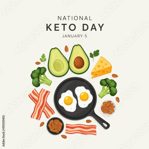 National Keto Day Food Illustration with Eggs, Avocado and Bacon