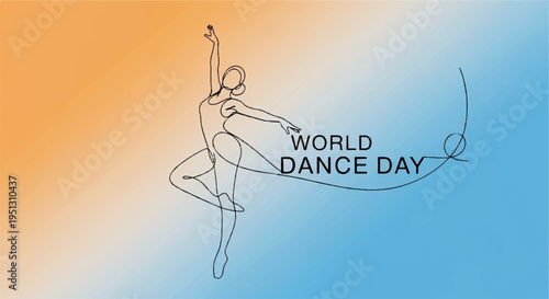 Ballerina dancing in elegant pose on world dance day with vibrant orange and blue gradient background