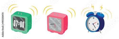 Set of beautiful ringing clocks in cartoon style. Vector illustration green, pink, blue digital and analog alarm clocks with beeps, dials, arrows isolated on white background. Time display. Wake up.