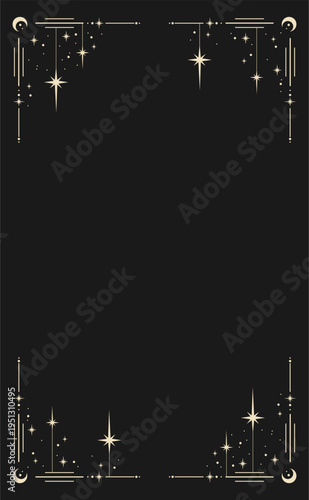 Magic celestial frame with stars and copy space. Mystic frame for tarot, esoteric, astrology design. Black color