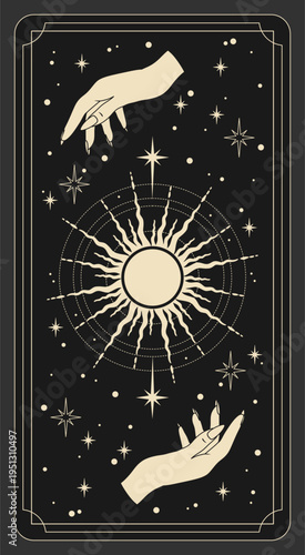 Magic tarot card with woman hands, sun and stars. Tarot symbolism. Mystery, astrology, esoteric.