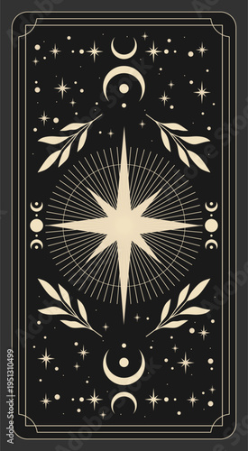Esoteric mystical tarot card with astrology elements. Vector illustration template, boho style