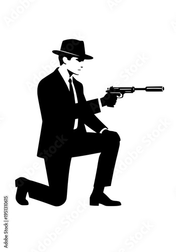 Secret Agent Kneeling with Silenced Pistol Noir Silhouette Illustration