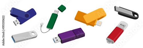 Set of USB flash drives in cartoon style. Vector illustration of blue, gray, green, purple, yellow, red flash drives with streaks, caps isolated on white background. Data storage and transfer.