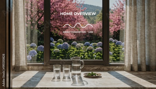 Serene garden view from a cozy room with wine glasses