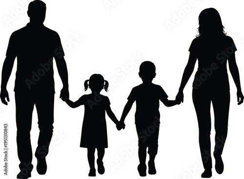 Silhouette of happy family walking hand in hand together outdoors, parents with children, concept of unity, love, bonding, parenting, lifestyle, support, and togetherness