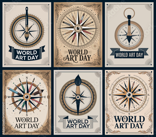 World Art Day Illustrations with Vintage Compass Designs