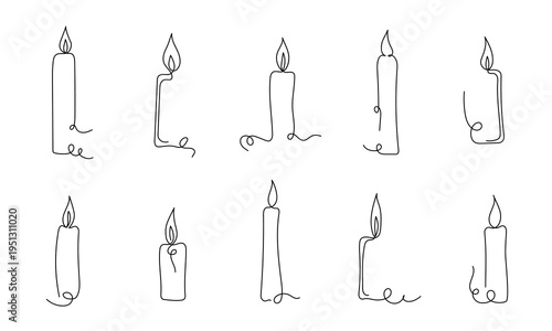 Simple line art of ten candles. Each candle shows unique melting or wicking styles. Minimalist design suits creative or minimalist projects. Candles burn with gentle, warm, flickering flames