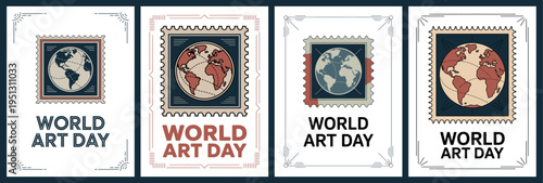 World Art Day Stamp Set with Globe and Decorative Border Designs