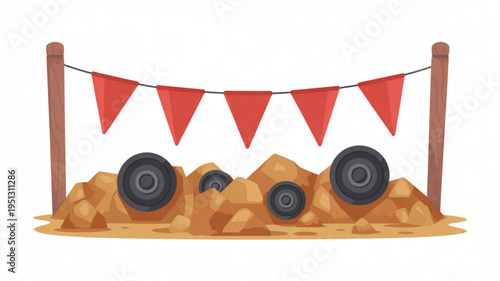 A vibrant illustration of a bumpy dirt track with tires and red triangular flags on a string perfect for racing or festival events