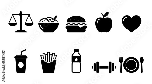A set of icons comparing healthy and unhealthy lifestyle choices, including food, exercise, and wellness symbols, useful for health and nutrition concepts in marketing, education, or advertising.