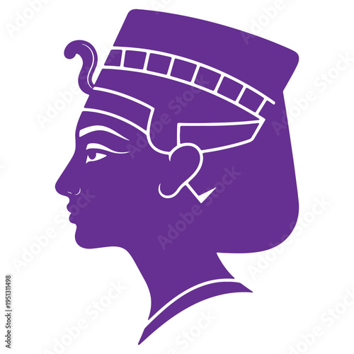 Purple silhouette of an Egyptian queen or female pharaoh wearing traditional headdress and ornate headpiece facing left direction profile view