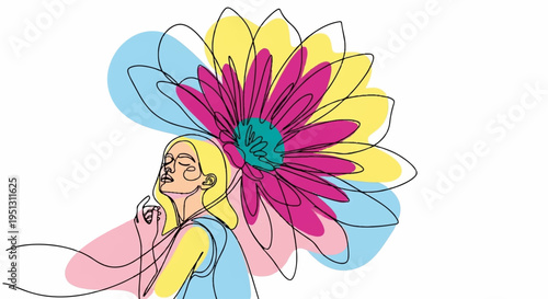 A smiling fairy with yellow hair and colorful wings holds a large pink yellow and blue flower conveying happiness and fantasy in a whimsical scene