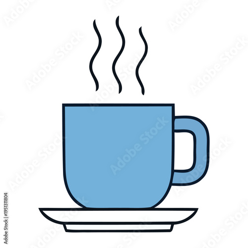 A simple blue mug filled with hot beverage emitting steam isolated on a white background