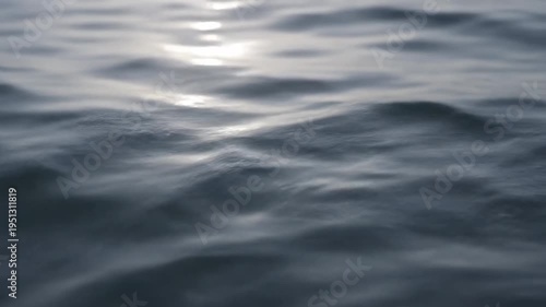 Water surface with gentle ripples reflecting sunlight, showcasing the tranquil movement of waves in a serene aquatic environment during daylight hours