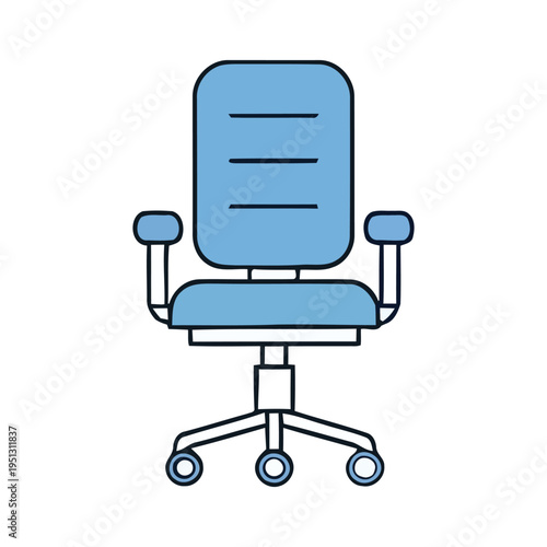 A simple illustration of a blue office chair with wheels and armrests isolated on a white background