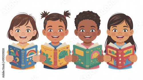 Diverse group of happy children reading colorful books together in a line smiling and engaged in learning