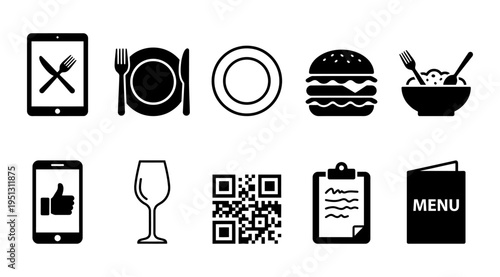 A collection of black and white icons representing restaurant concepts, including digital ordering, food items, and table settings, useful for marketing, advertising, and business applications.
