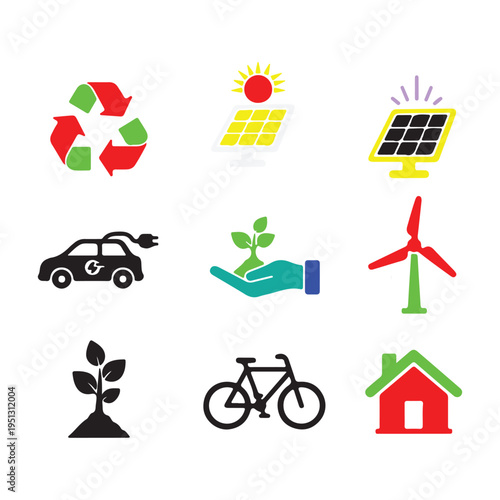 Collection of nine colorful icons representing environmental sustainability and renewable energy sources for ecofriendly living concepts