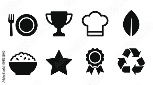 a collection of black icons on a white background representing food, awards, chefs, eco-friendliness, and recycling, suitable for use in various commercial and design projects