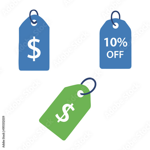Collection of three price tags including dollar signs and a ten percent off discount isolated on transparent background