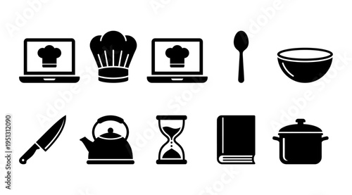 a collection of kitchen icons in black and white, including chef hat, laptop, bowl, knife, kettle and other cooking related symbols, useful for cooking, recipe, restaurant or food related projects