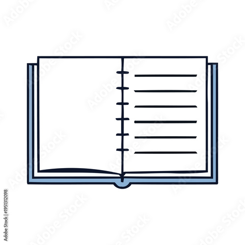 Open blank notebook with ruled lines on one page isolated on transparent background