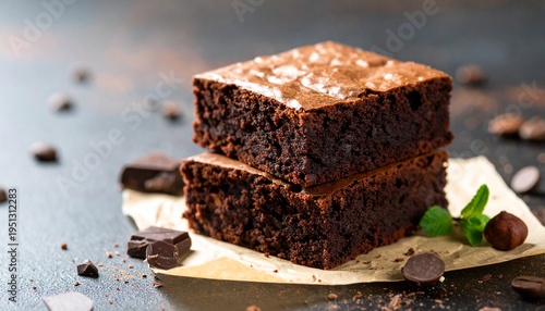 Indulgent Stack of Rich Chocolate Brownies with Nuts and Coffee Beans on a Rustic Dark Background