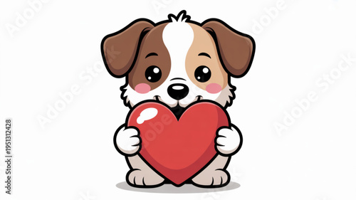 Cute puppy holding red heart symbolizing love and affection in a charming cartoon illustration