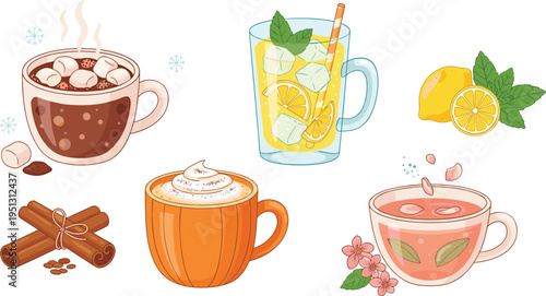 Seasonal drinks collection hot chocolate pumpkin latte lemonade and tea cozy beverage vector illustration set