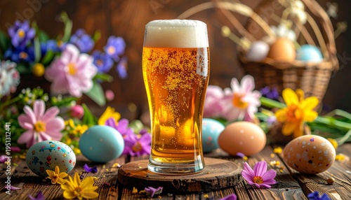 Golden Lager in a Tall Glass, Surrounded by Colorful Easter Eggs and Blooming Spring Flowers on a Rustic Wooden Table