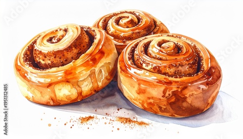Three freshly baked cinnamon rolls with a dusting of cinnamon