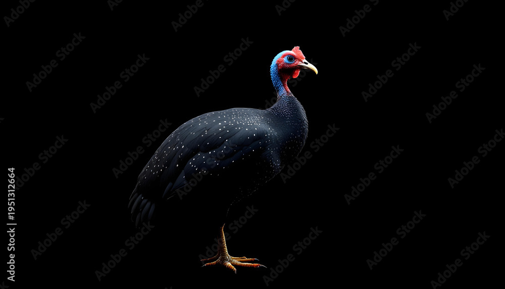 Obraz premium A guinea fowl is shown in profile against a black background