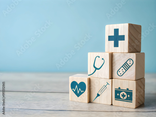 A stack of blocks with medical symbols on them