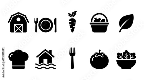 a collection of black icons representing farm to table concept with food, utensils, and kitchen tools on white background, useful for marketing, advertising, and educational materials