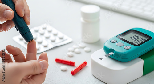 Person using lancet on finger with glucose meter and pills on table sugar diabetes test
