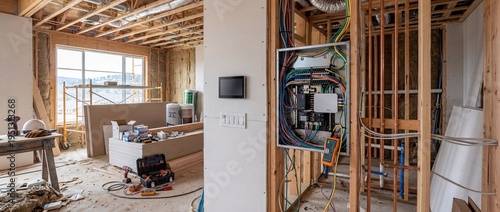 Residential construction site with electrical panel and unfinished room