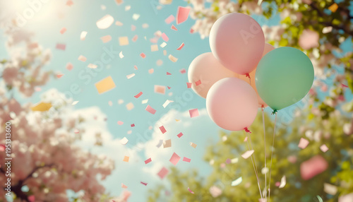Festive pastel Eid celebration background with confetti and balloons