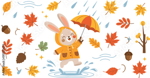 Cute bunny with umbrella jumping in rain puddle autumn leaves cartoon vector illustration for kids