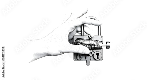 A hand holding a mechanical device with keys and levers in an industrial setting.