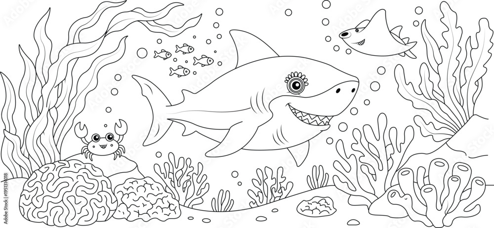 Fototapeta premium Cute shark coloring page with coral reef, fish, crab and underwater ocean scene, detailed black and white line art for kids coloring book